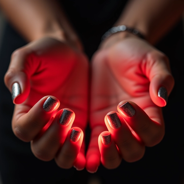 Unhas metalizadas refletindo luzes em ambiente de festa.