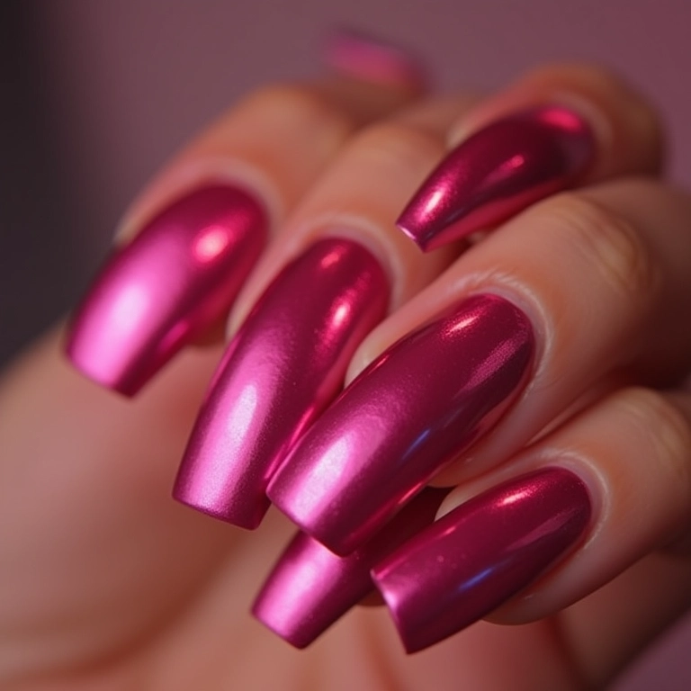 Unhas metalizadas rosa, brilho intenso.