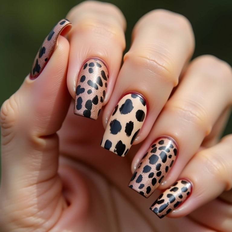 Unhas minimalistas com animal print discreto.