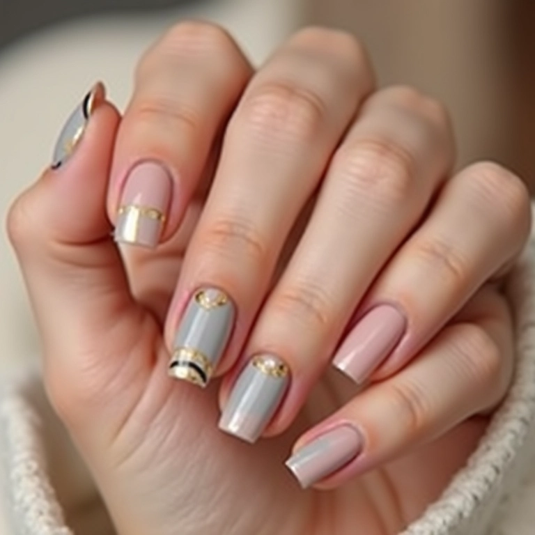Unhas minimalistas com cores neutras e detalhes em dourado.