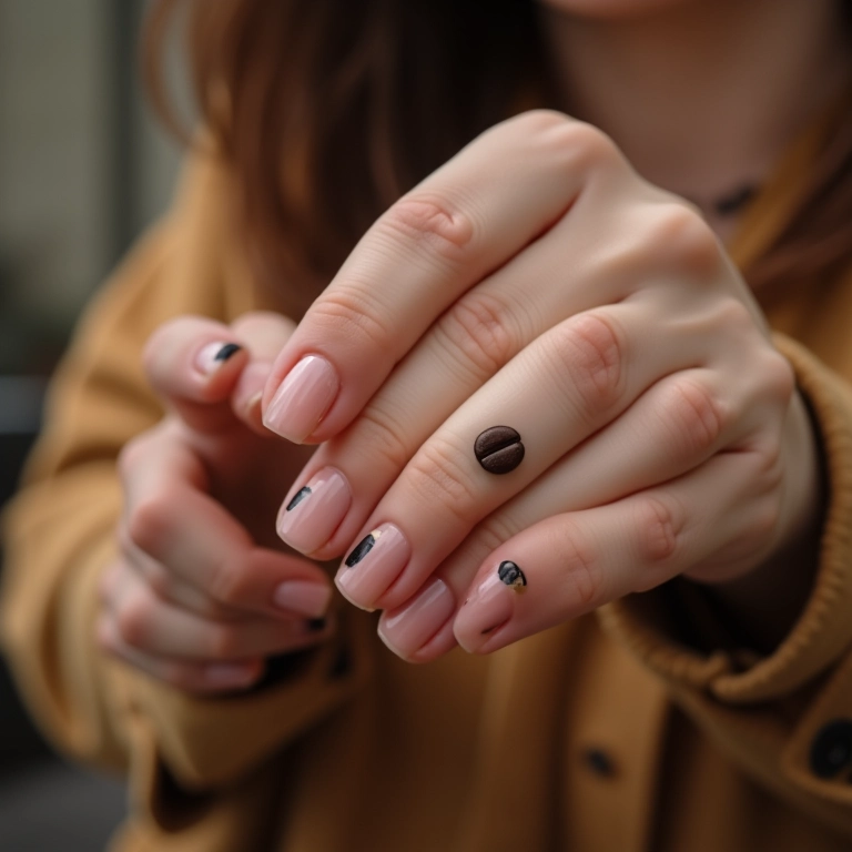 Unhas minimalistas com detalhes de café.