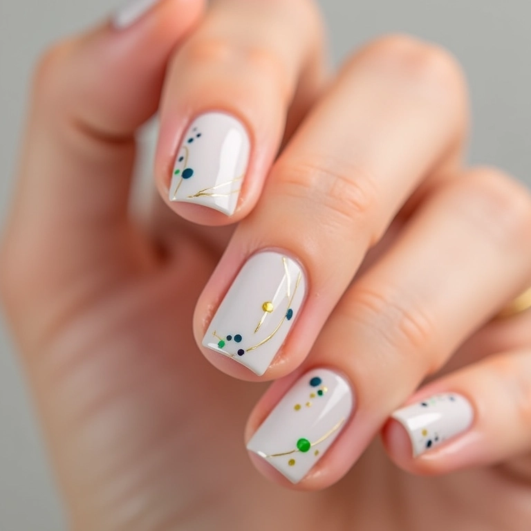 Unhas minimalistas com detalhes em dourado, verde e azul.
