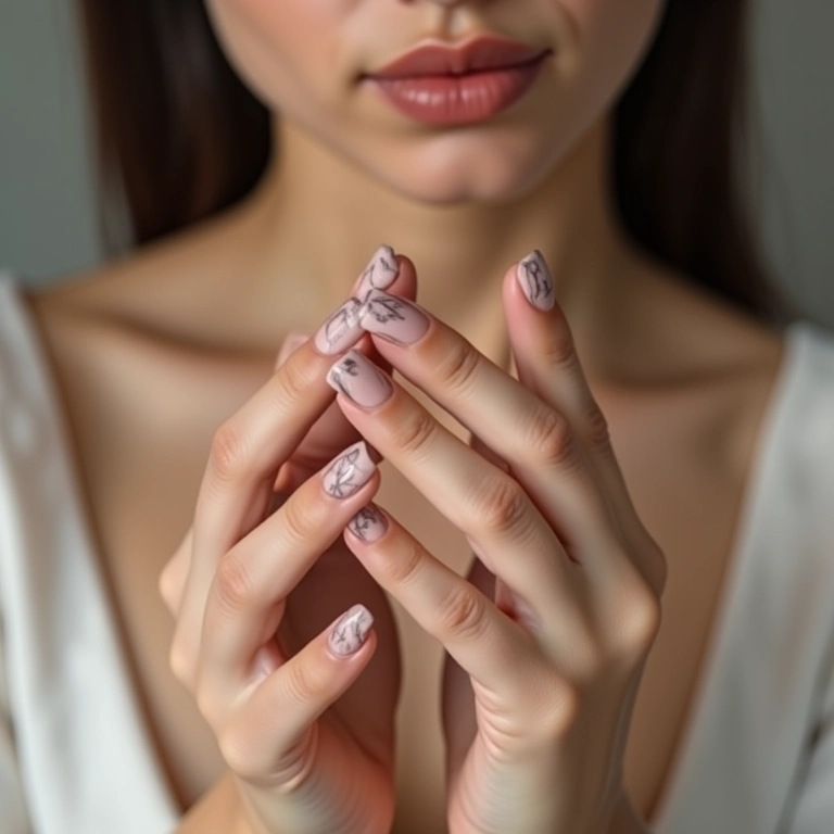 Unhas minimalistas com detalhes geométricos.