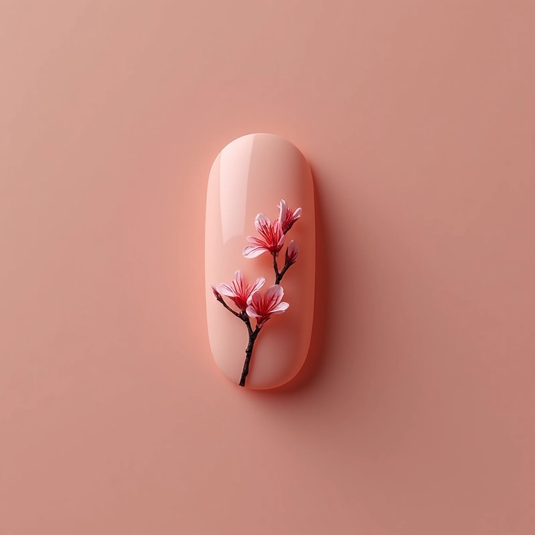 Unhas minimalistas com flor de cerejeira.