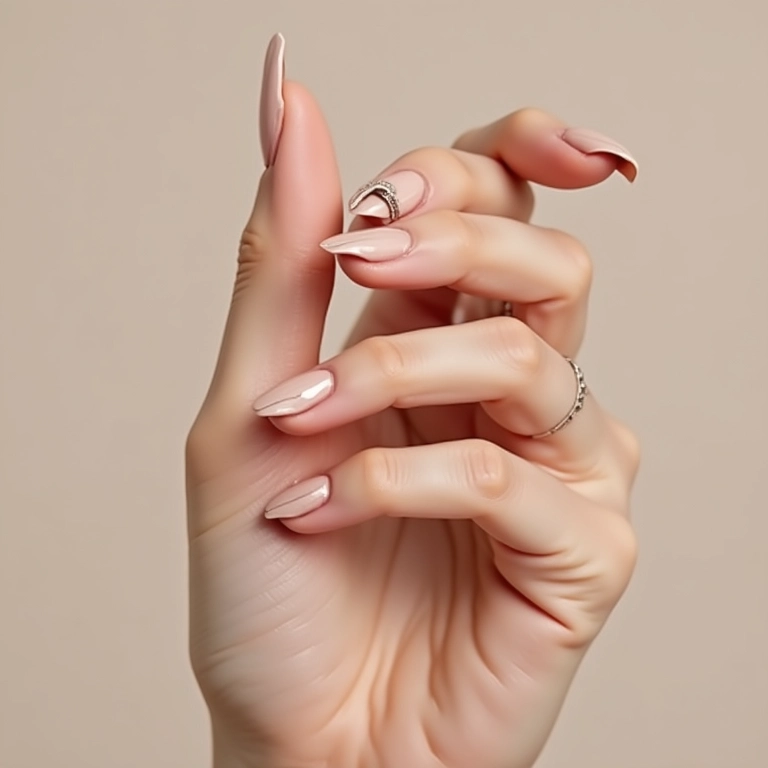 Unhas minimalistas com linhas delicadas e esmalte nude, transmitindo elegância.