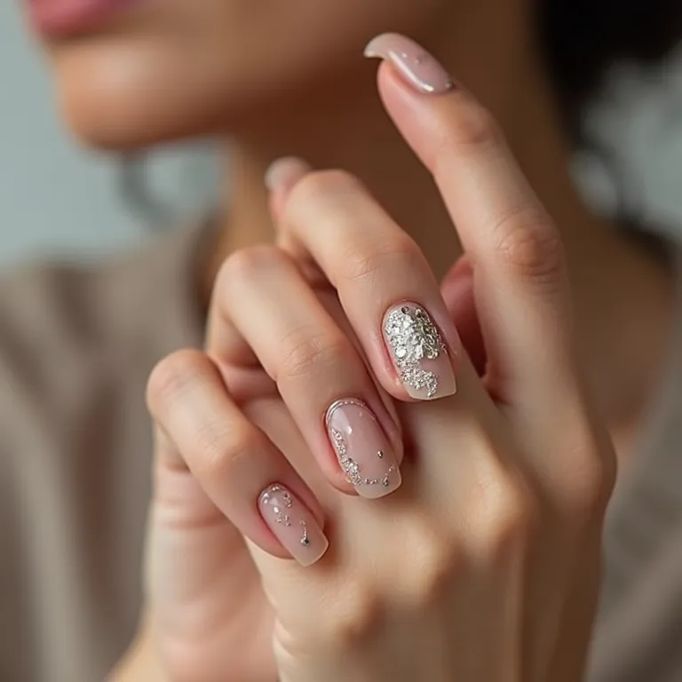 Unhas minimalistas com linhas simples e cores neutras, com detalhes de joias brasileiras.