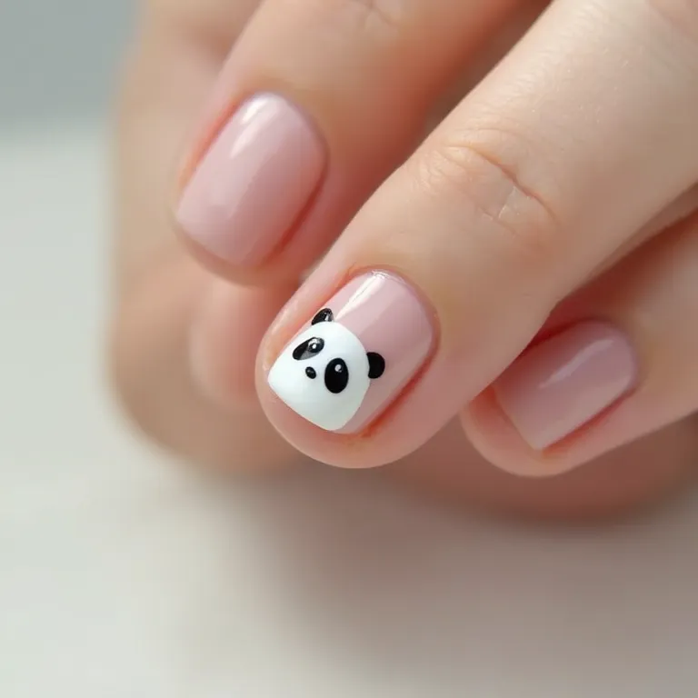 Unhas minimalistas com pequenos pandas, design delicado e moderno.
