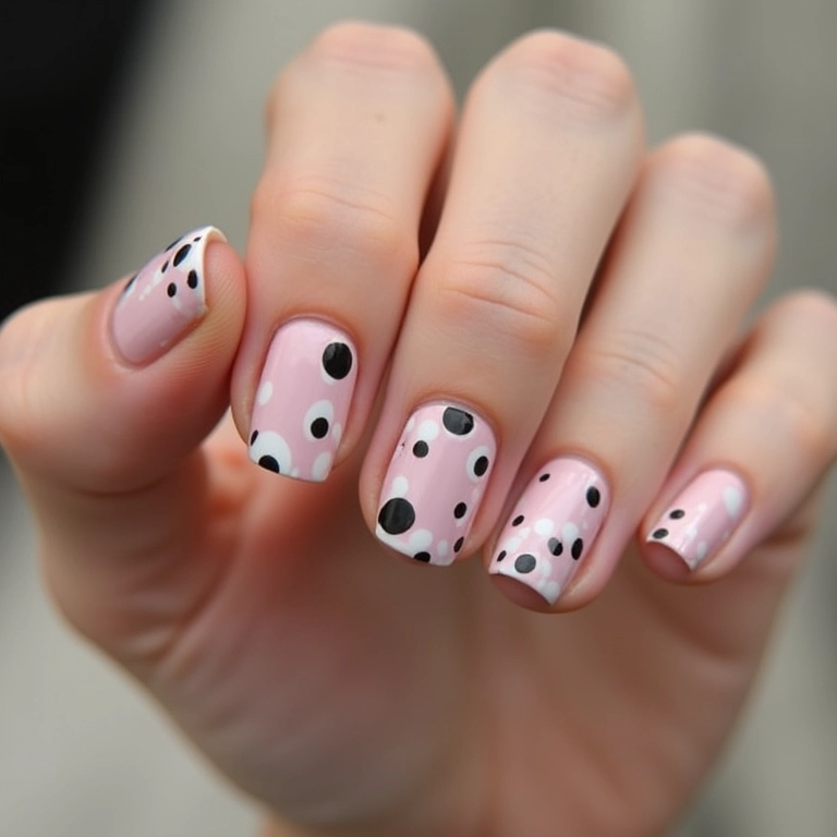 Unhas minimalistas com pontos e traços.