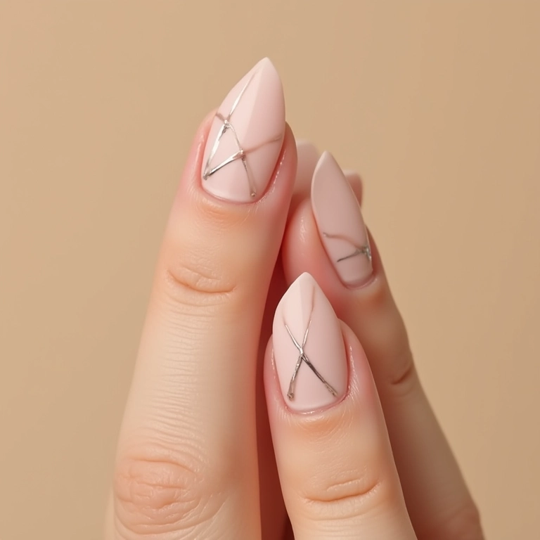 Unhas minimalistas com traços finos pretos em bege.