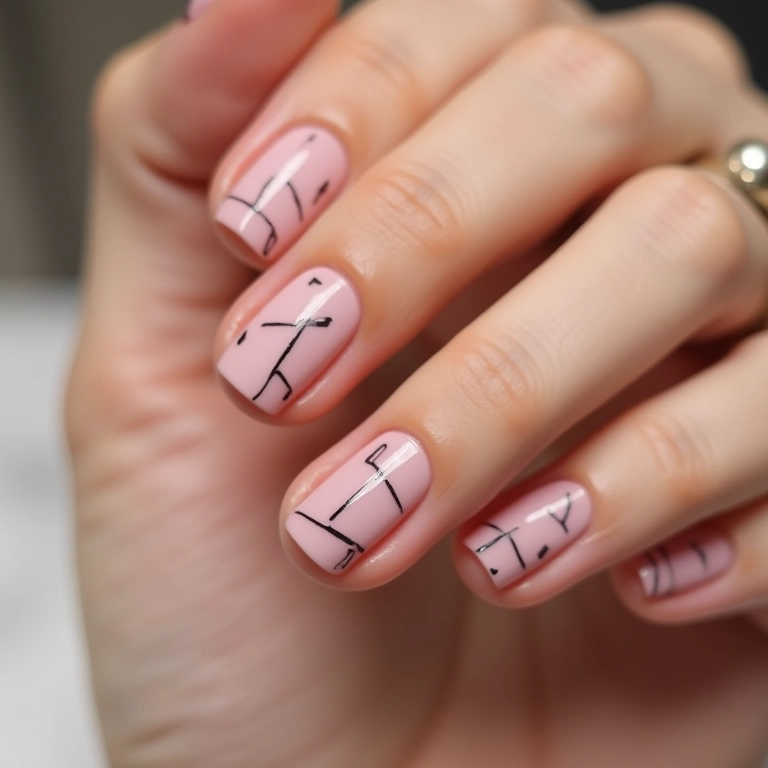 Unhas minimalistas com traços finos pretos.