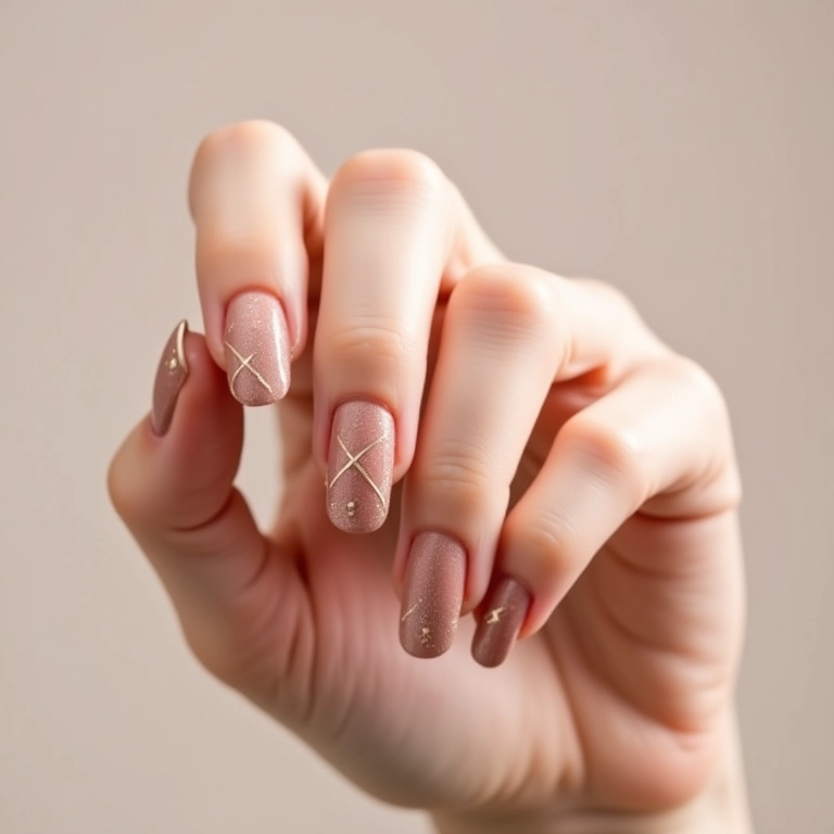 Unhas minimalistas com traços geométricos delicados.