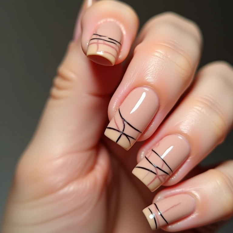 Unhas minimalistas com traços geométricos delicados.