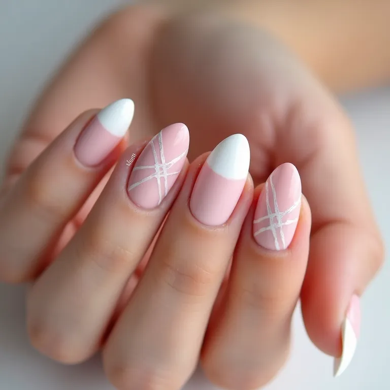 Unhas minimalistas com traços geométricos em tons pastel.