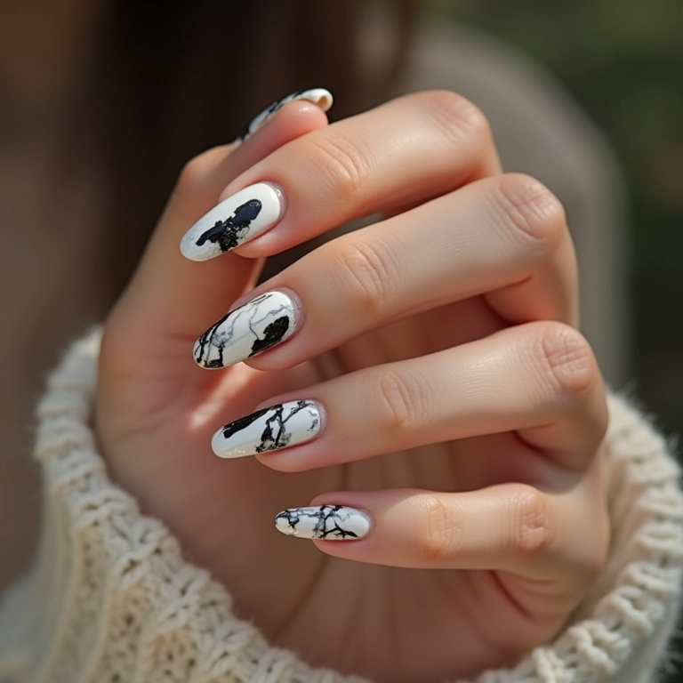 Unhas minimalistas em preto e branco, design simples e elegante.