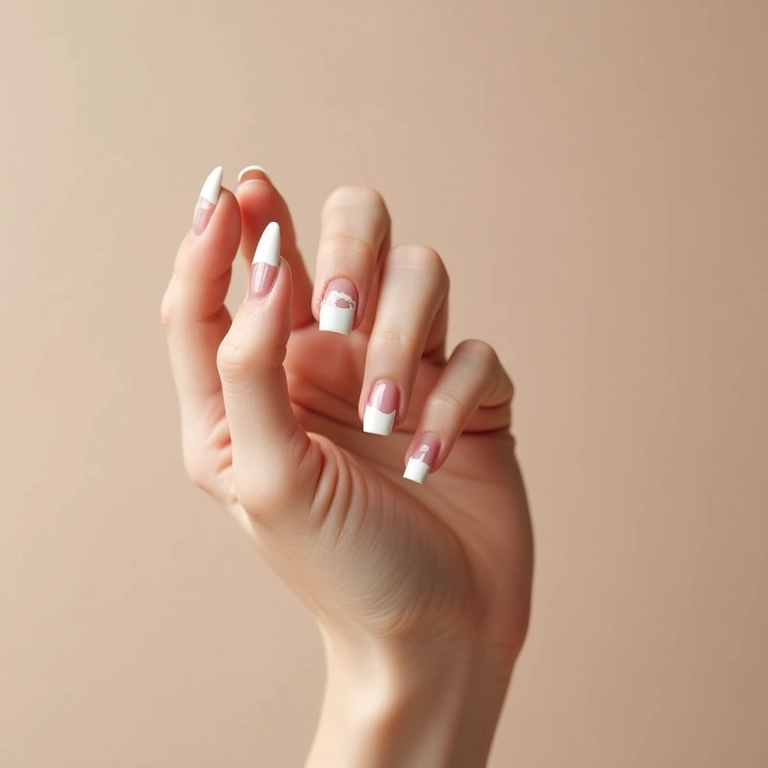 Unhas negativas com detalhe branco sobre nude.