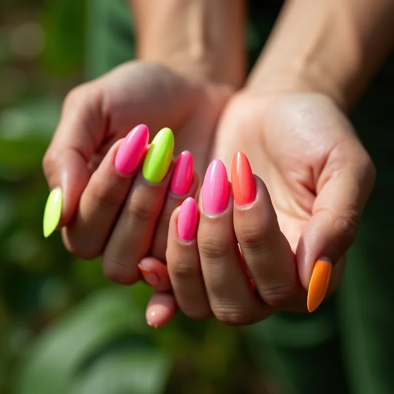 Unhas neon vibrantes: rosa, verde e amarelo.