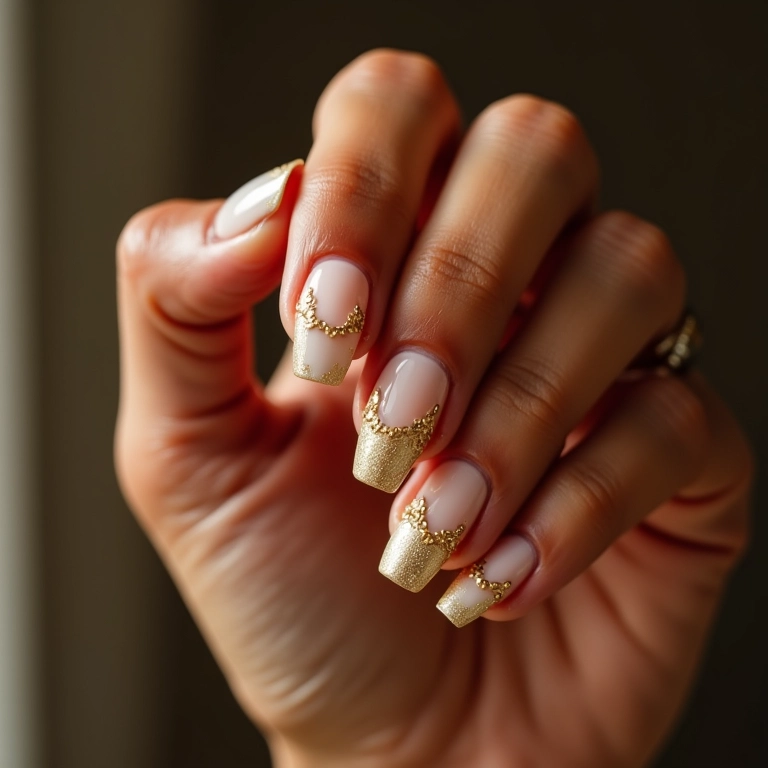 Unhas nude com detalhes dourados em gel.