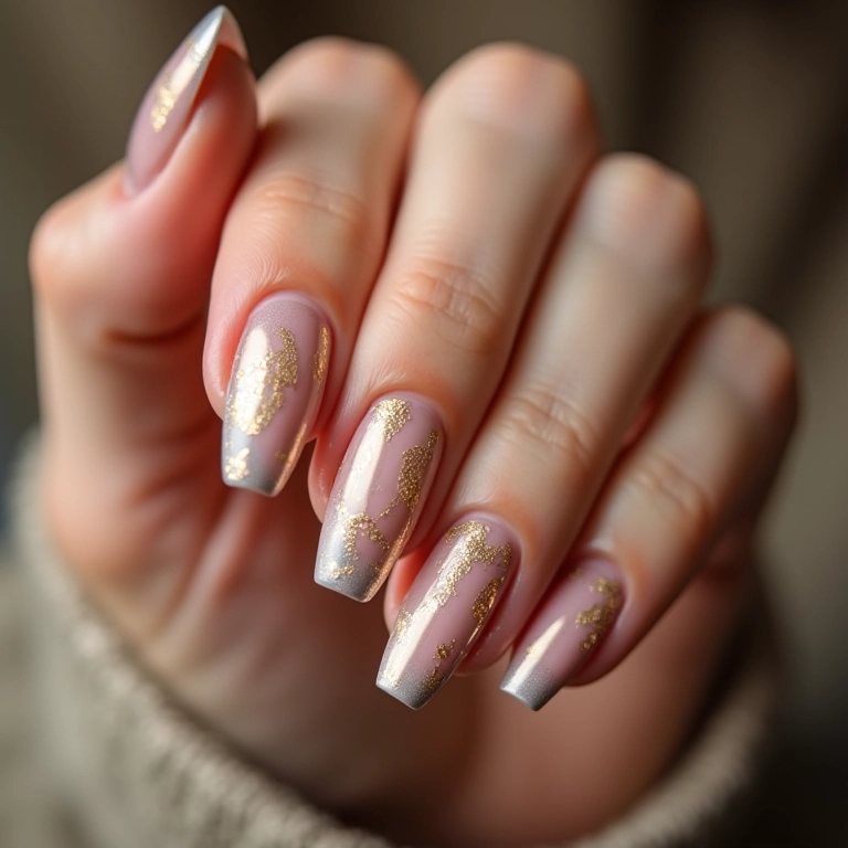 Unhas nude com detalhes dourados em gel.
