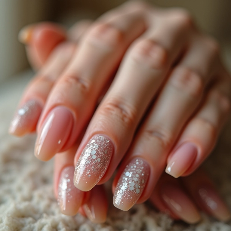 Unhas nude com glitter branco, brilho sutil.