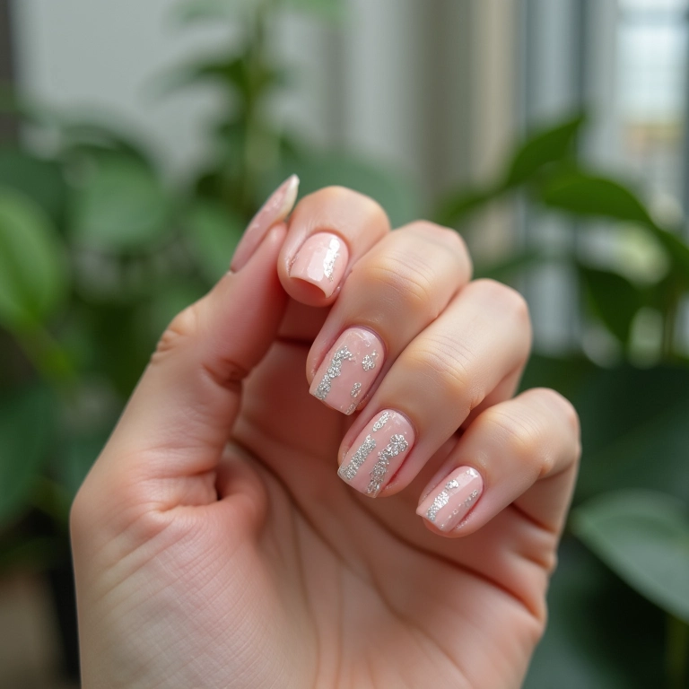 Unhas nude com listras brancas, design moderno.
