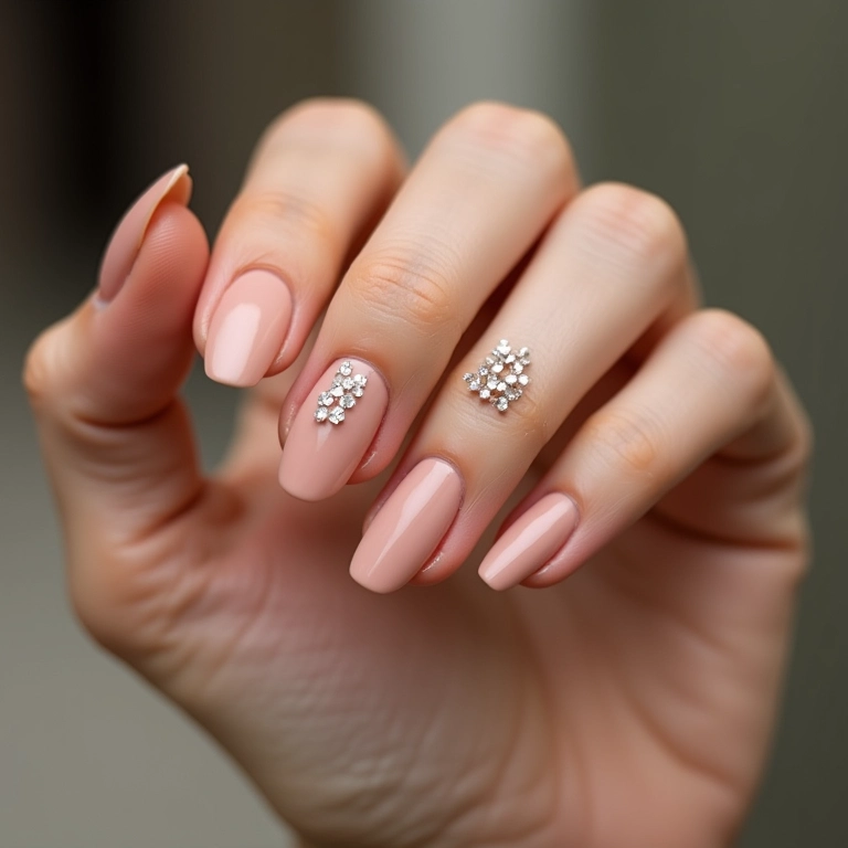 Unhas nude com pedrarias discretas e elegantes.
