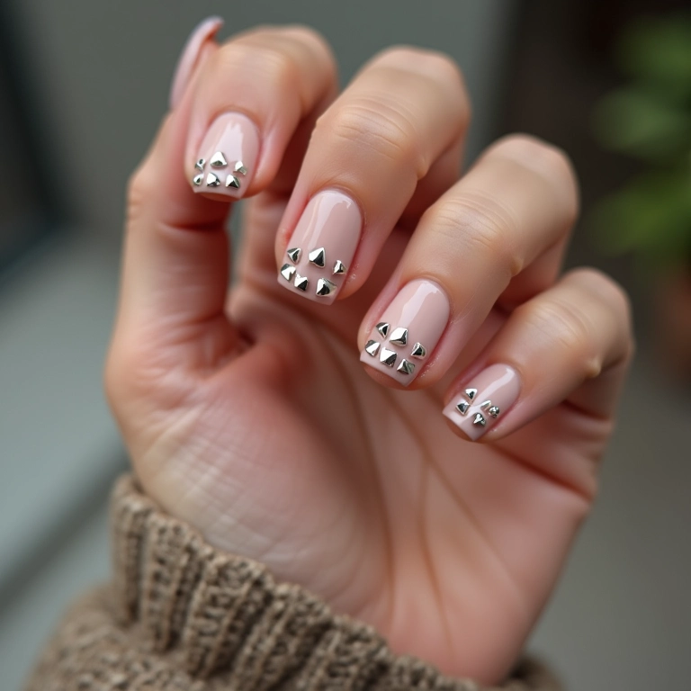 Unhas nude com tachinhas prateadas.