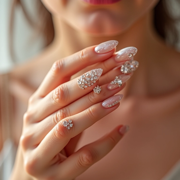 Unhas nude decoradas com pedrarias delicadas.