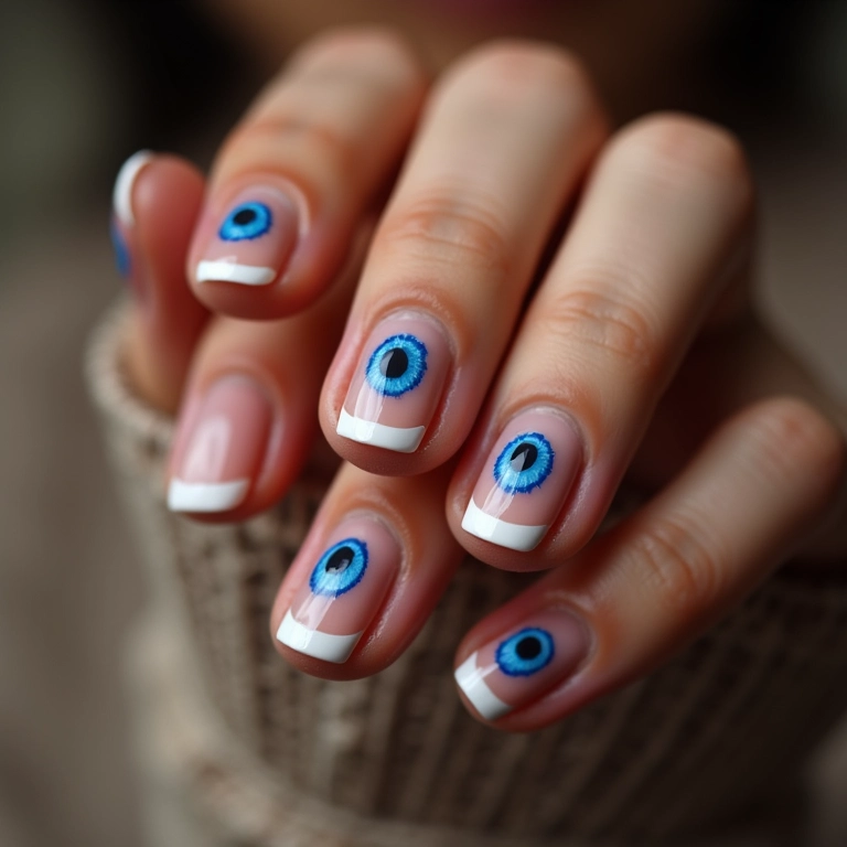 Unhas olho grego azul com francesinha moderna e elegante.