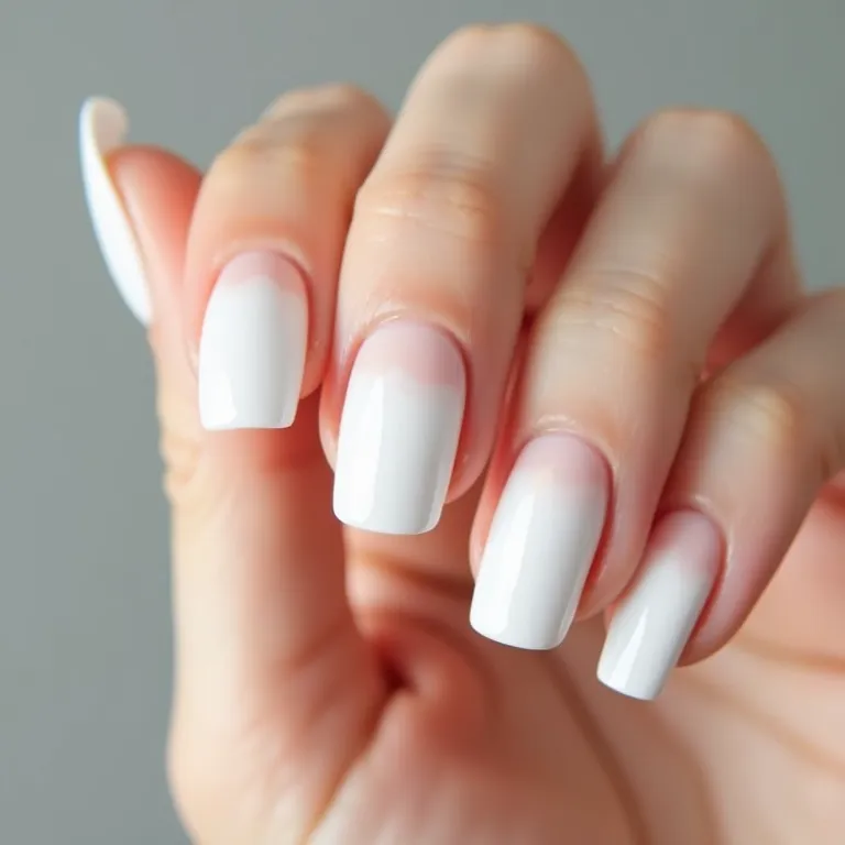 Unhas ombré brancas em gel com transição suave.