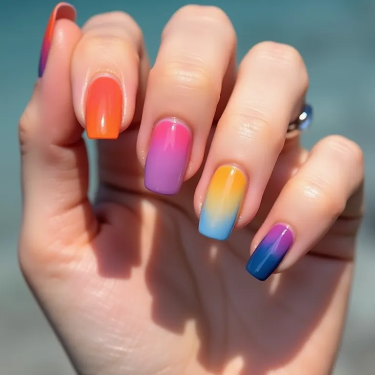 Unhas ombré com cores Kpop, transição suave e elegante, para um visual moderno e vibrante.