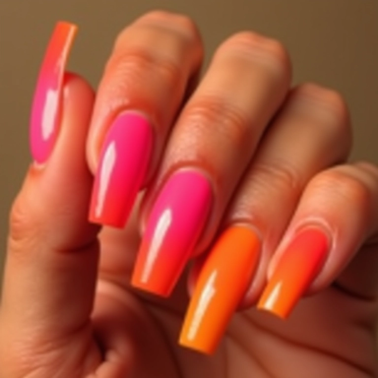 Unhas ombré com cores vibrantes e transição suave.