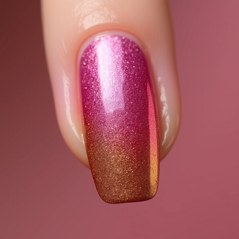 Unhas ombré com glitter em tons de rosa e dourado.