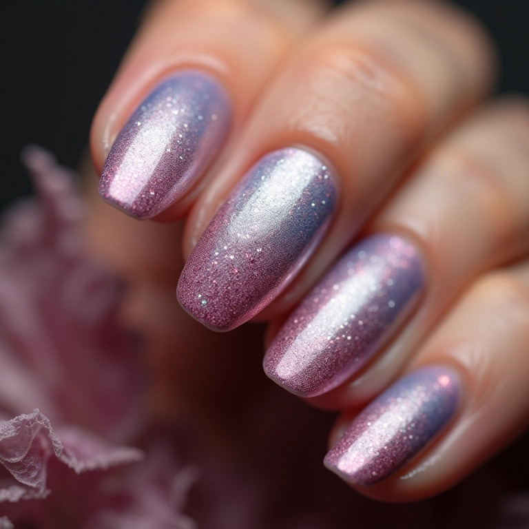 Unhas ombré com glitter holográfico brilhante.