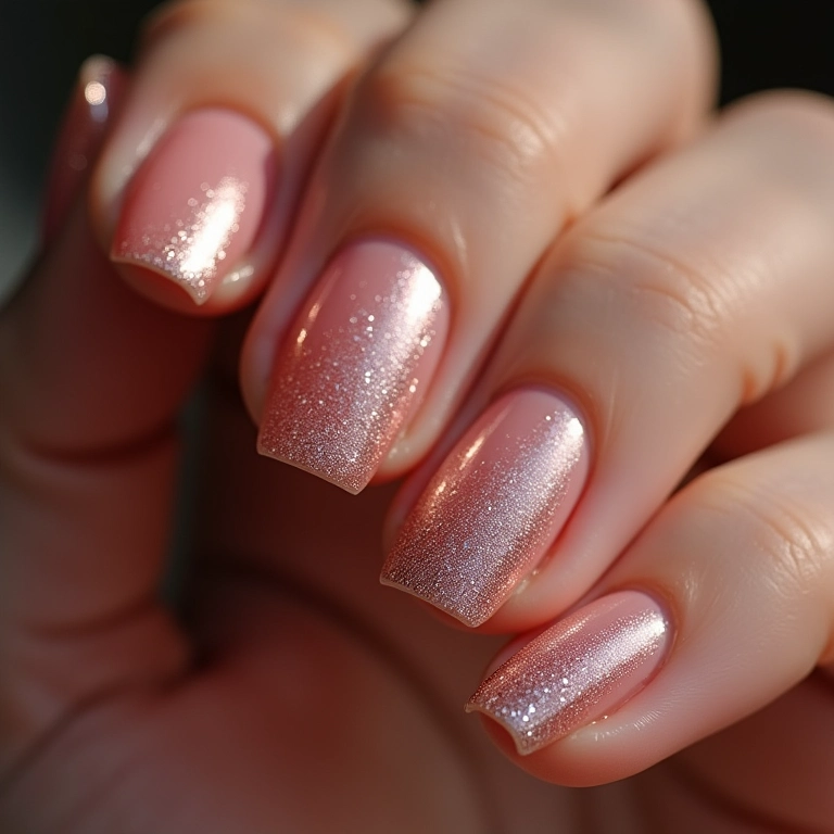Unhas ombré com glitter para um visual glamouroso no Ano Novo.