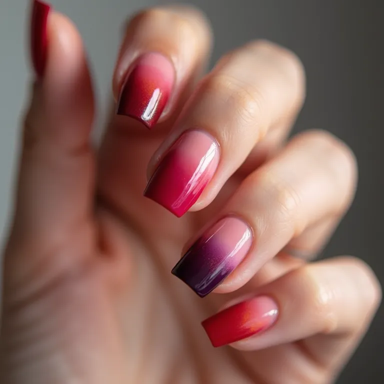 Unhas ombré com transição suave de cores e efeito degradê.