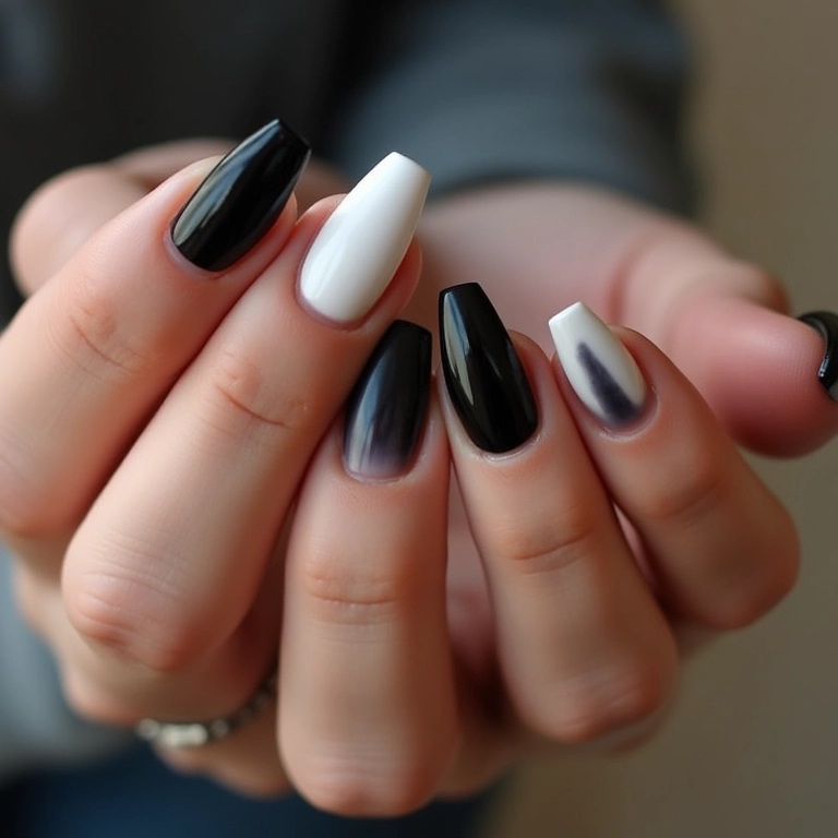 Unhas ombré em preto e branco, degradê suave e moderno.