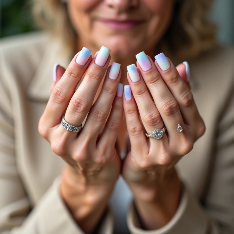 Unhas ombré em tons pastel em mãos de senhora, com transição suave de cores.