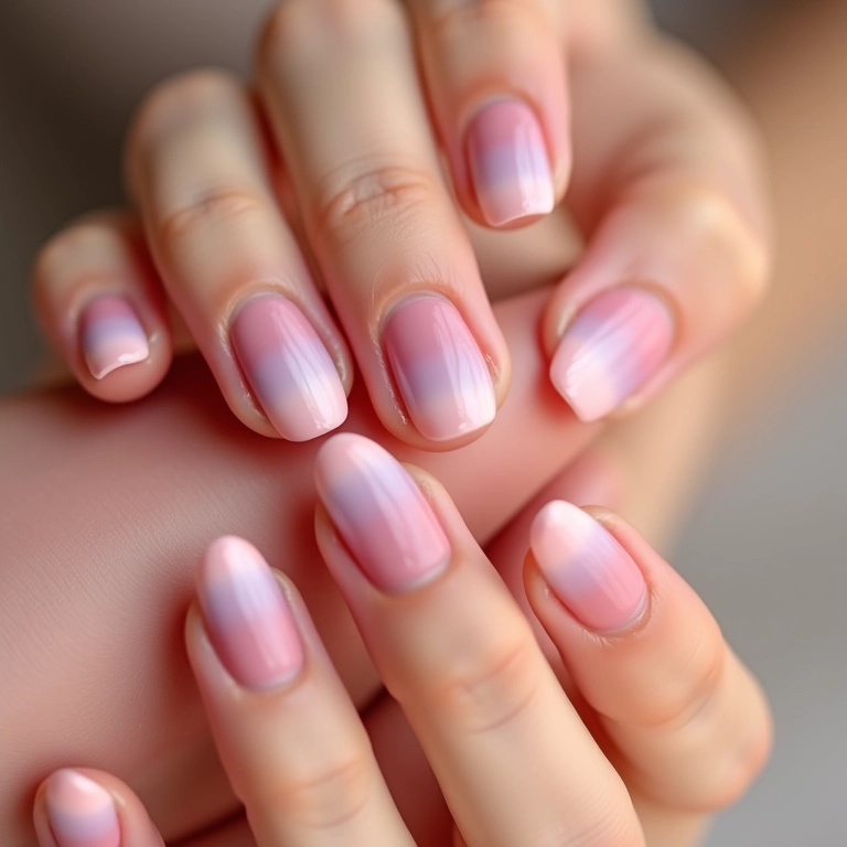 Unhas ombré em tons pastel suaves.