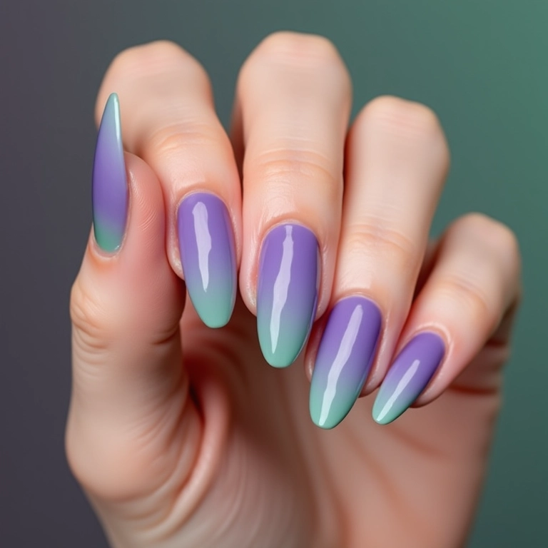 Unhas ombré lilás e verde, transição suave.