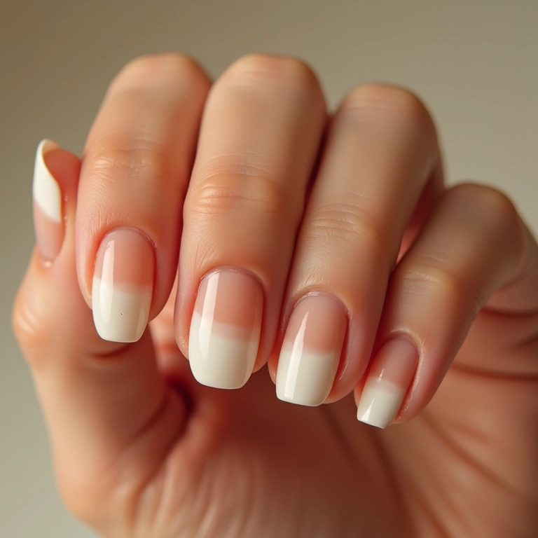 Unhas ombré nude com branco, transição suave e elegante.