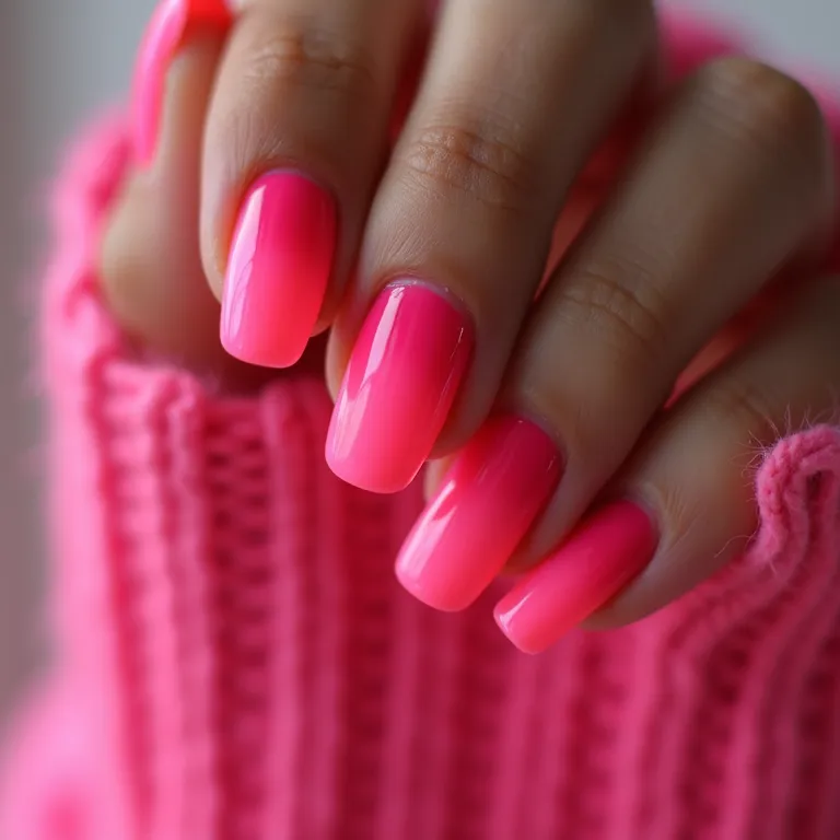 Unhas ombré rosa neon com degradê vibrante.
