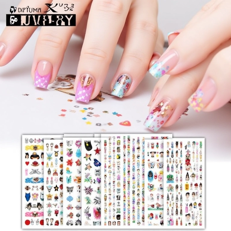 Unhas personalizadas com adesivos de esmalte.
