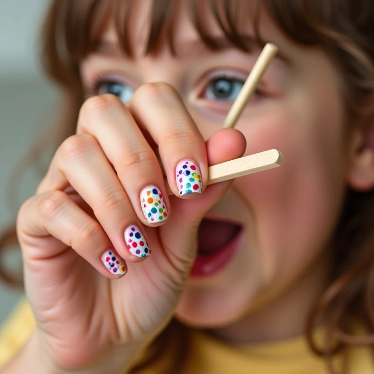 Unhas poá com palito, design divertido e retrô com cores vibrantes.