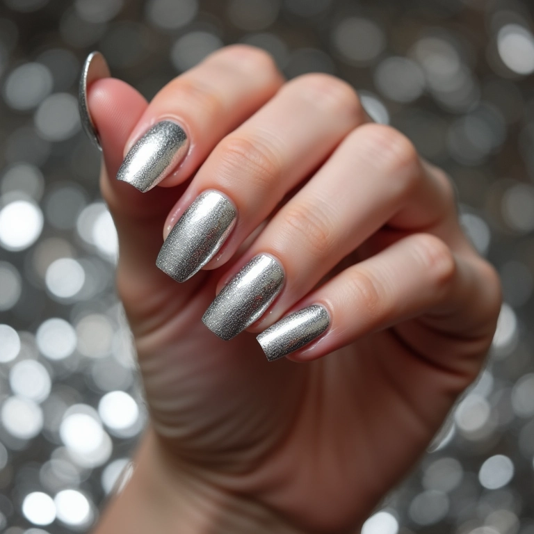 Unhas prateadas com confetes brilhantes ao fundo.