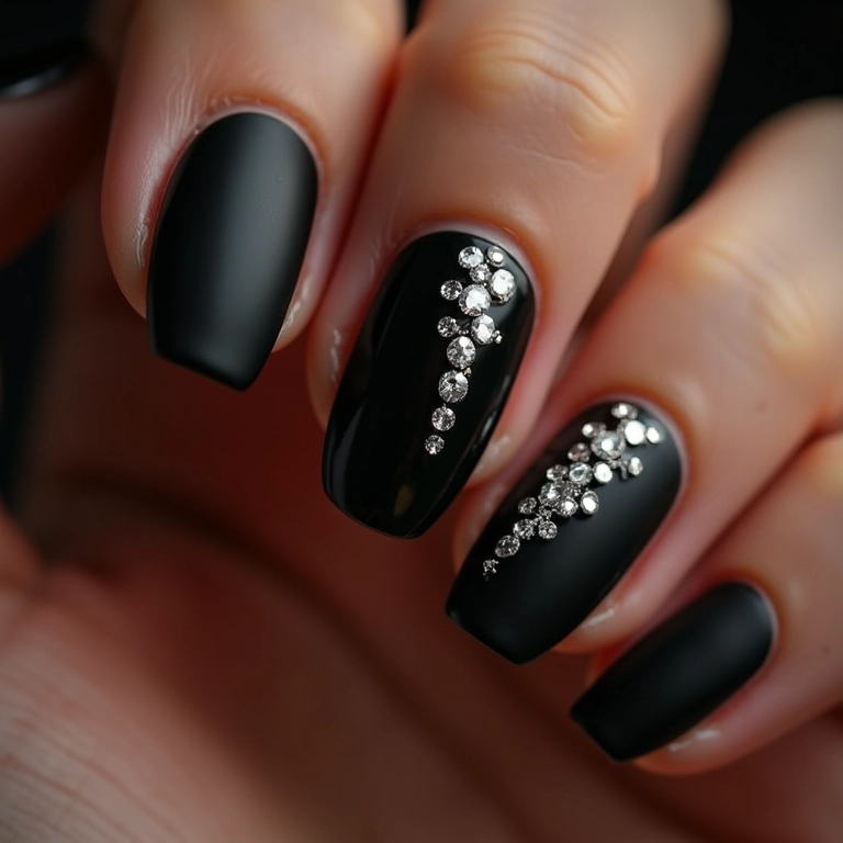 Unhas pretas adornadas com pedrarias e strass.