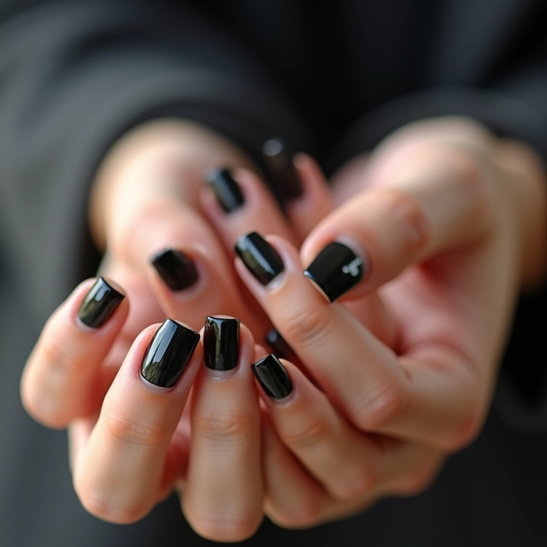 Unhas pretas básicas e elegantes em mãos femininas.