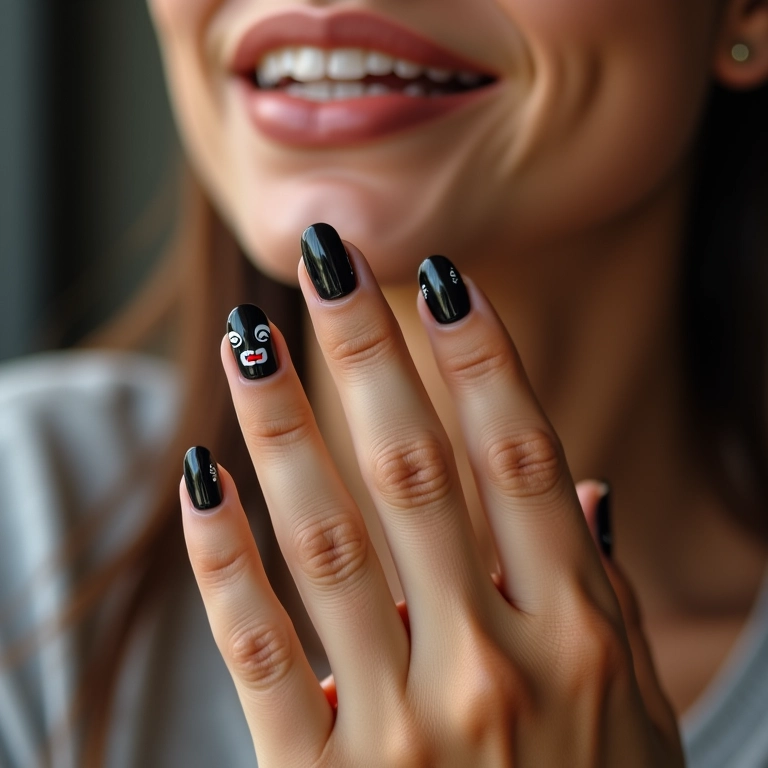 Unhas pretas com adesivos divertidos.