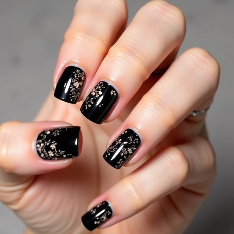 Unhas pretas com adesivos estilosos.
