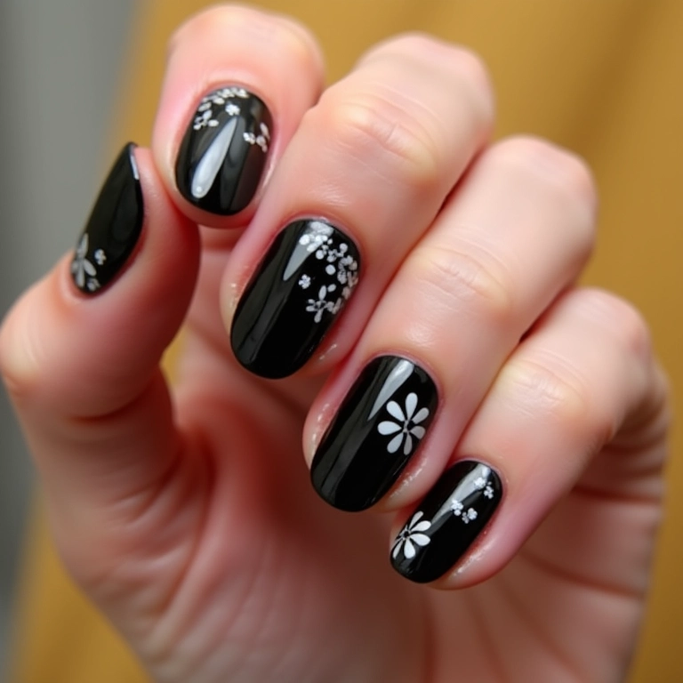 Unhas pretas com adesivos florais, praticidade e estilo.
