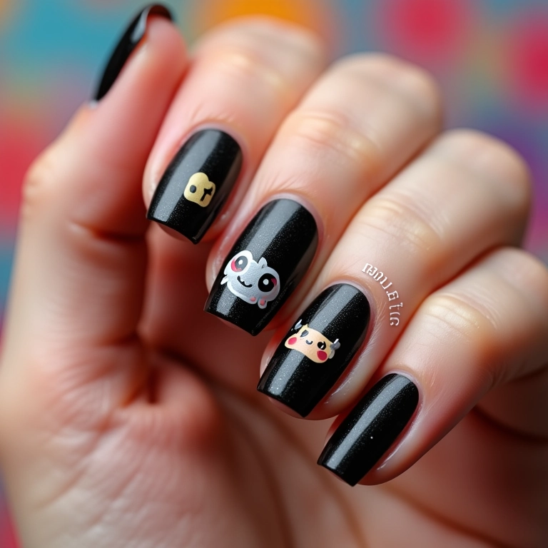 Unhas pretas com adesivos temáticos e designs divertidos.